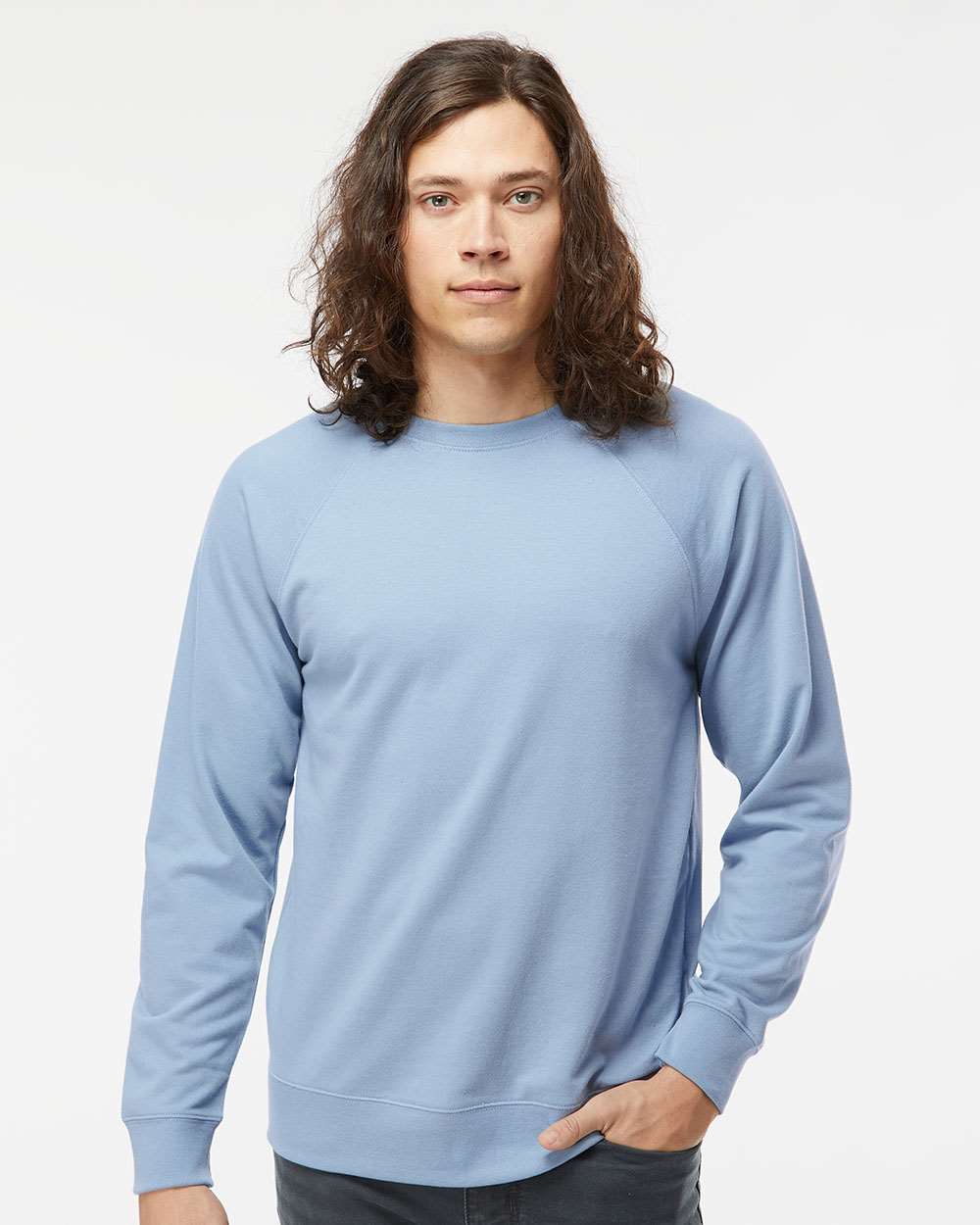 Unisex Icon Lightweight Loopback Terry Crewneck Sweatshirt - OnModelFront - B11576252 - Misty Blue