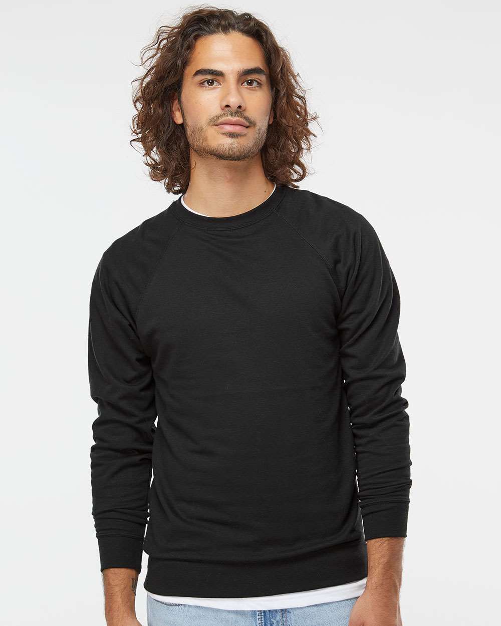 Unisex Icon Lightweight Loopback Terry Crewneck Sweatshirt - OnModelFront - B11576502 - Black