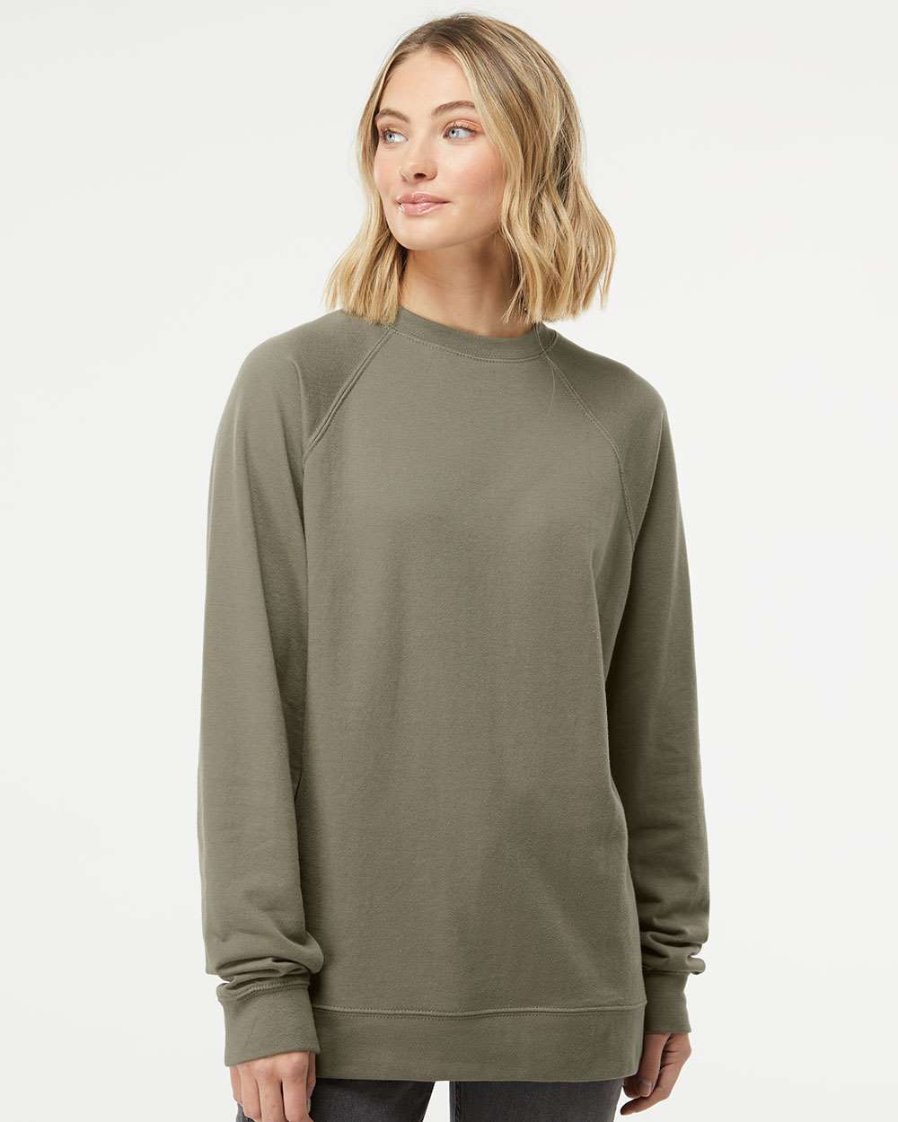 Unisex Icon Lightweight Loopback Terry Crewneck Sweatshirt - OnModelFront - B11576642 - Olive