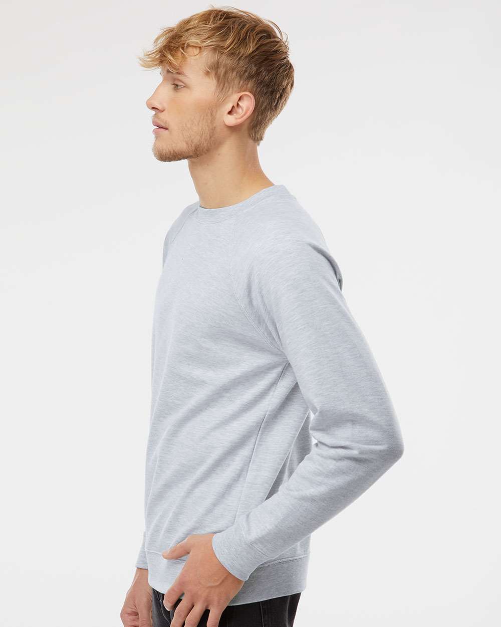 Unisex Icon Lightweight Loopback Terry Crewneck Sweatshirt - OnModelSide - B11576022 - Athletic Heather