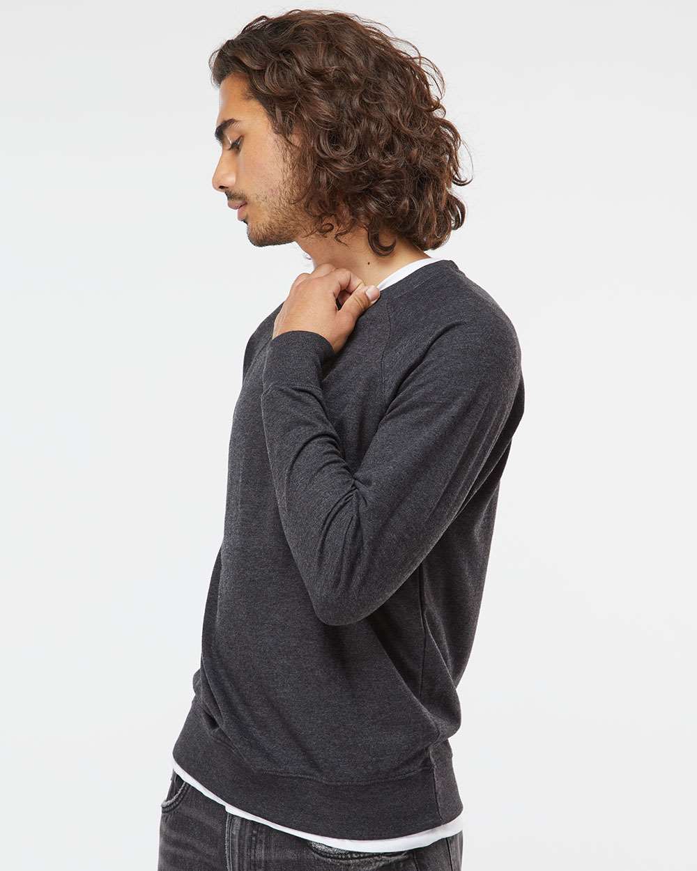 Unisex Icon Lightweight Loopback Terry Crewneck Sweatshirt - OnModelSide - B11576092 - Charcoal Heather