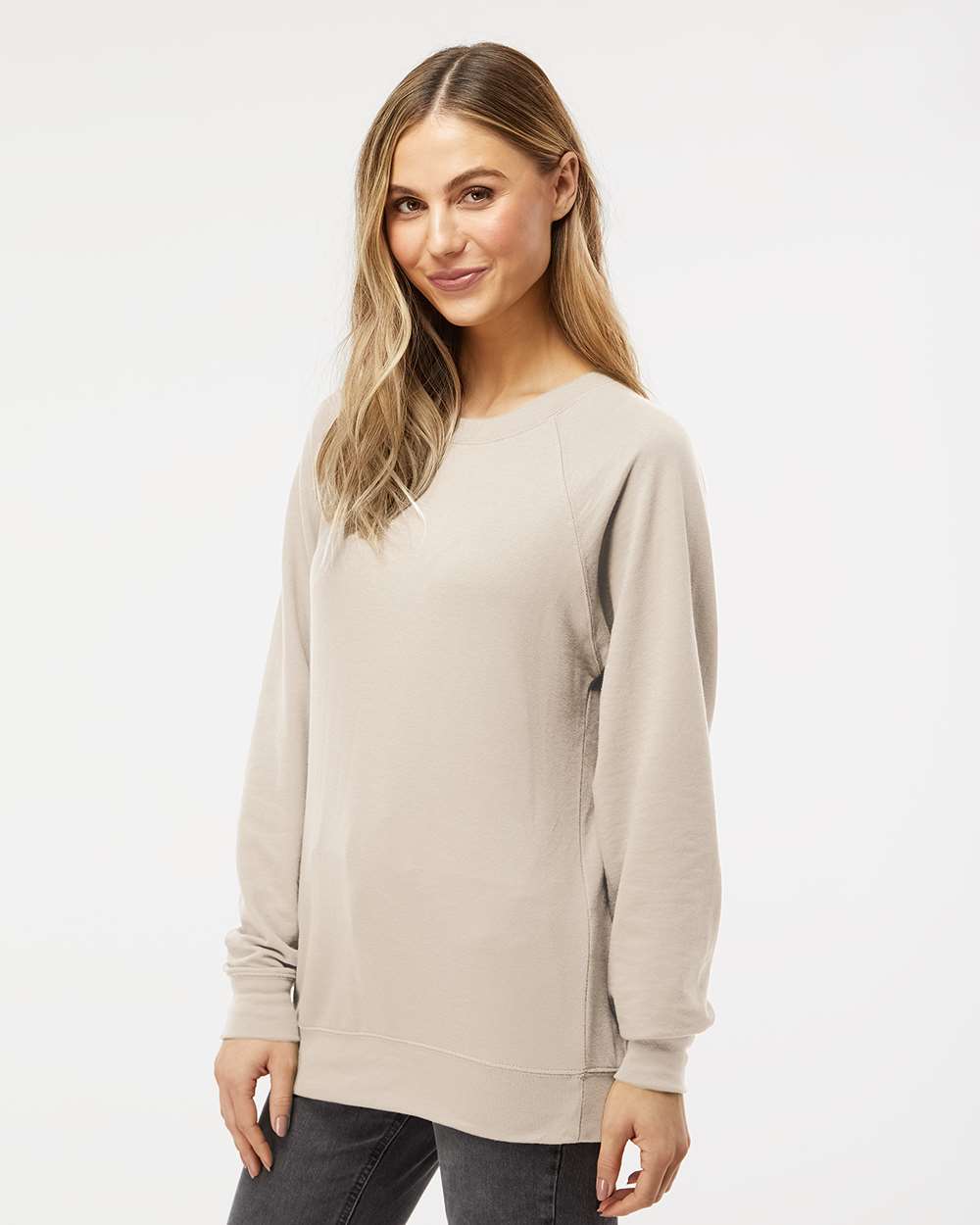 Unisex Icon Lightweight Loopback Terry Crewneck Sweatshirt - OnModelSide - B11576112 - Sand