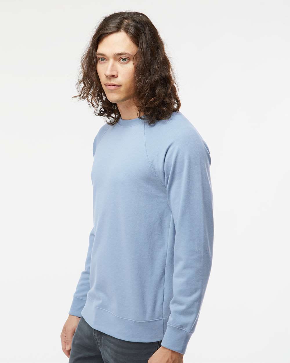 Unisex Icon Lightweight Loopback Terry Crewneck Sweatshirt - OnModelSide - B11576252 - Misty Blue