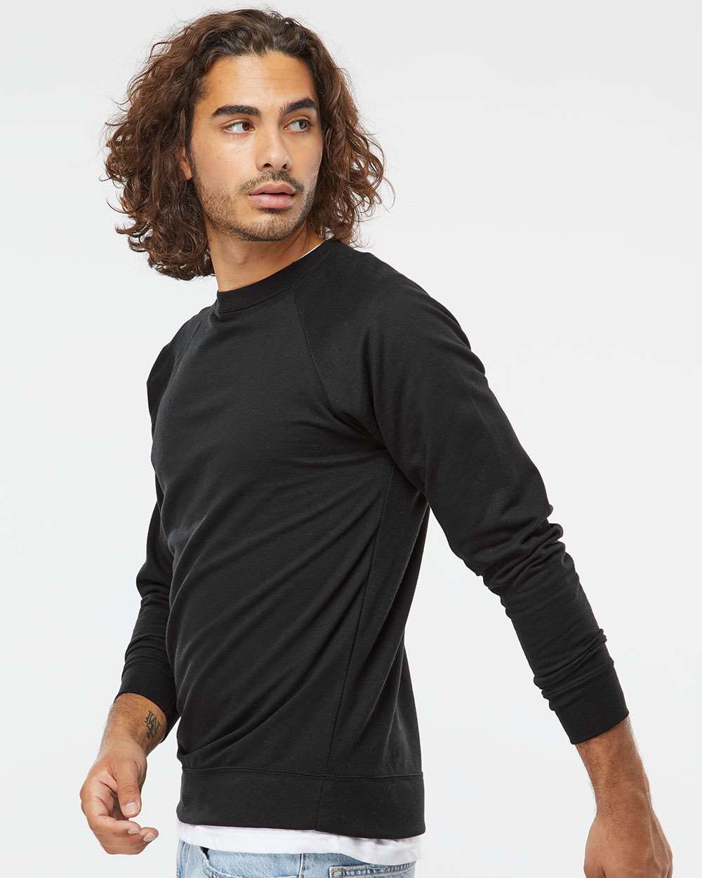 Unisex Icon Lightweight Loopback Terry Crewneck Sweatshirt - OnModelSide - B11576502 - Black