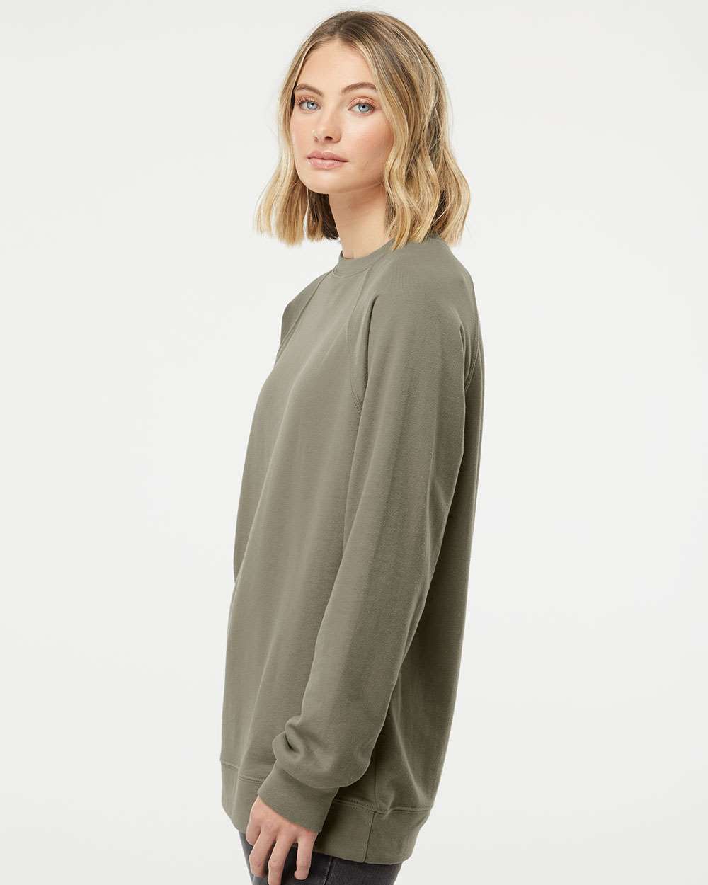 Unisex Icon Lightweight Loopback Terry Crewneck Sweatshirt - OnModelSide - B11576642 - Olive