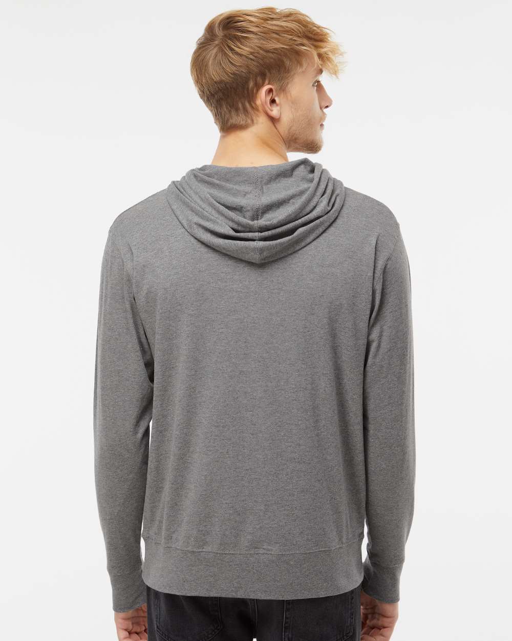 Unisex Lightweight Hooded Pullover T-Shirt - OnModelBack - B01976352 - Gunmetal Heather