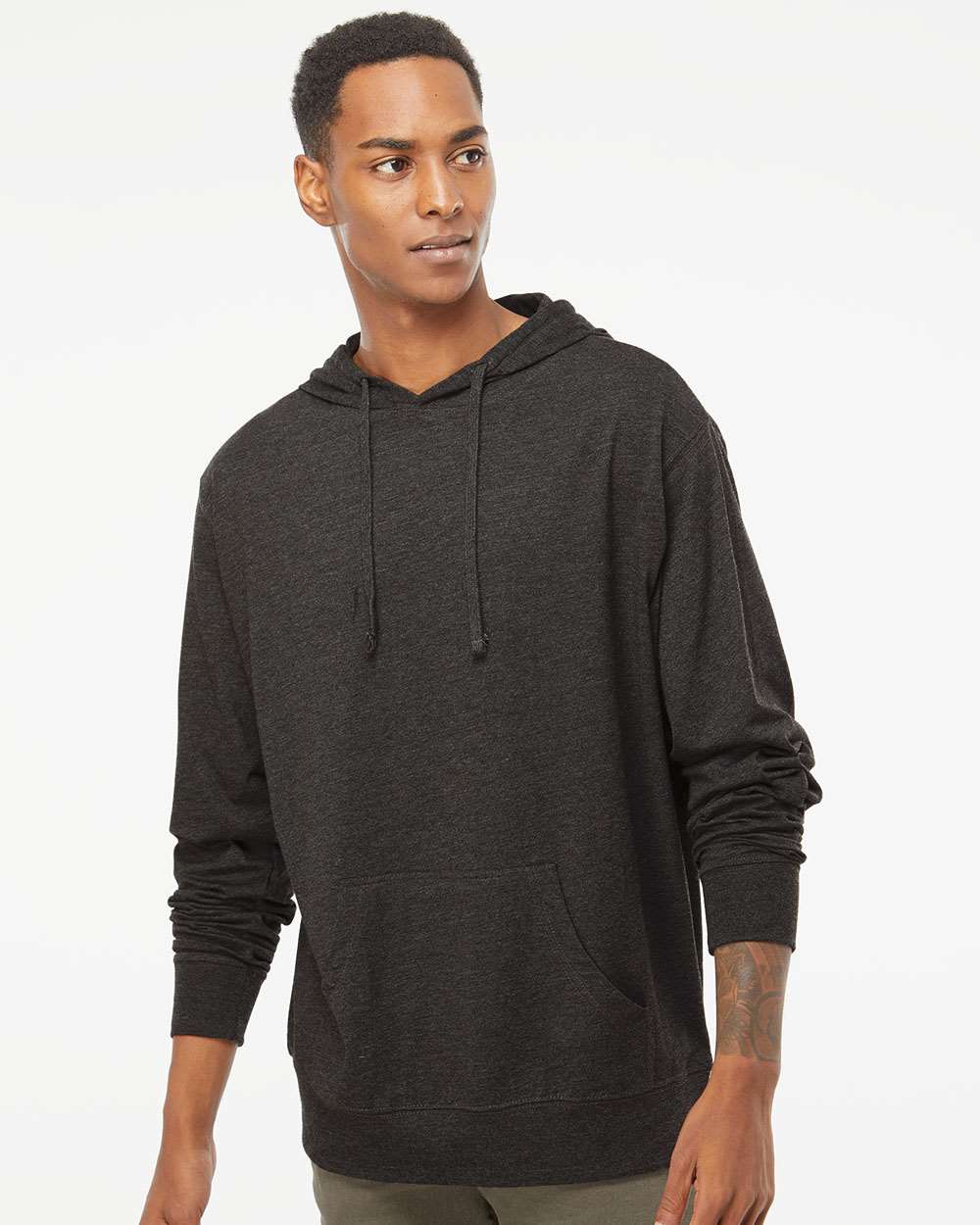 Unisex Lightweight Hooded Pullover T-Shirt - OnModelFront - B01976092 - Charcoal Heather