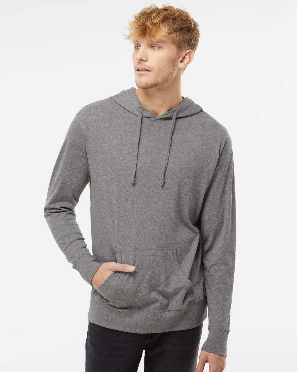 Unisex Lightweight Hooded Pullover T-Shirt - OnModelFront - B01976352 - Gunmetal Heather