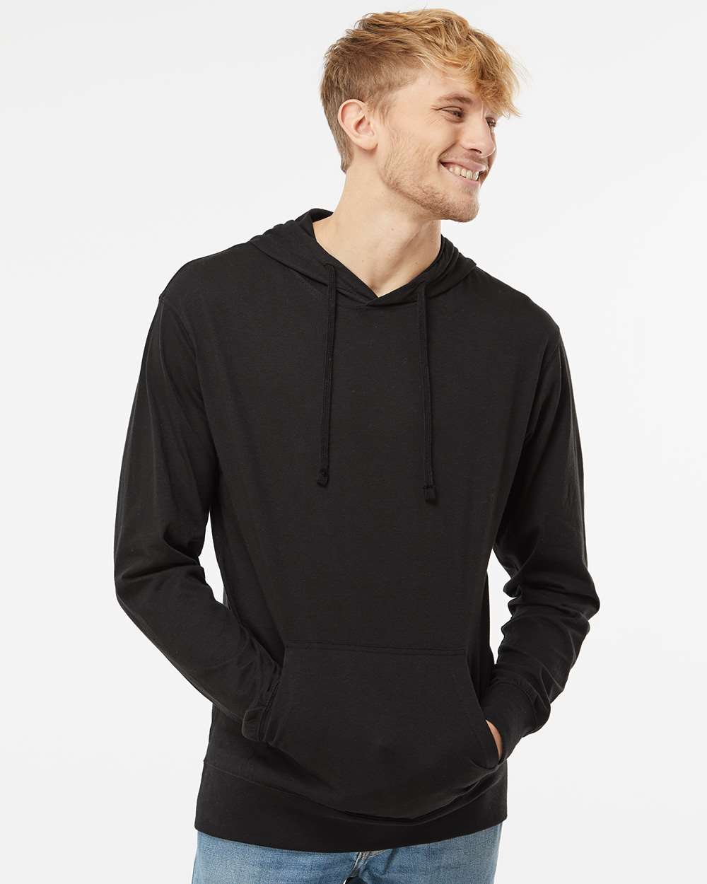 Unisex Lightweight Hooded Pullover T-Shirt - OnModelFront - B01976502 - Black