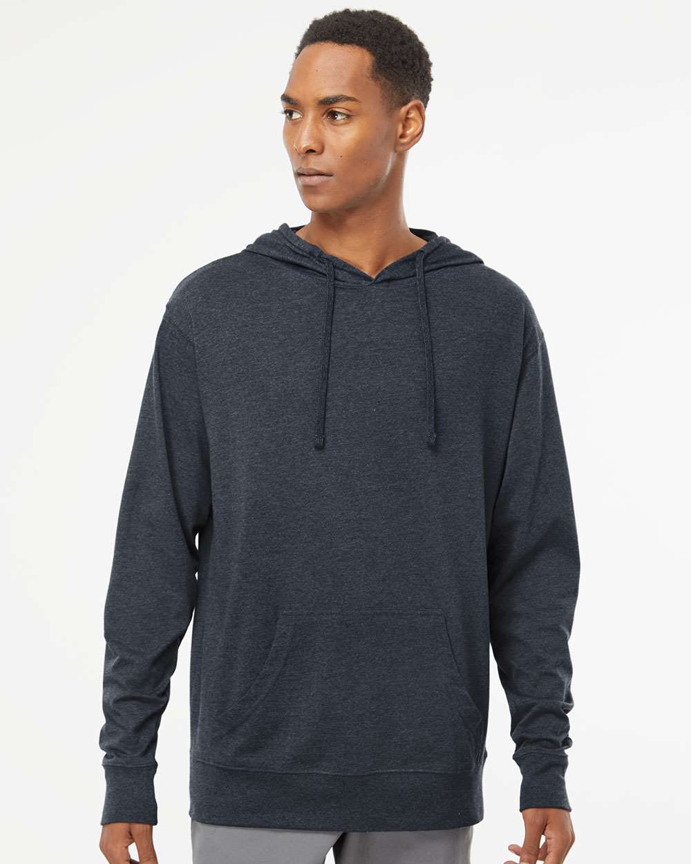 Unisex Lightweight Hooded Pullover T-Shirt - OnModelFront - B01976652 - Classic Navy Heather