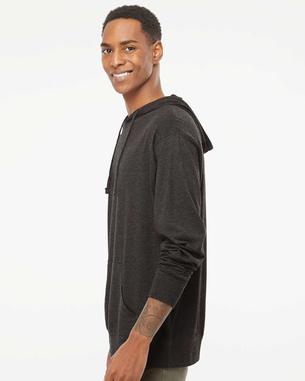 Unisex Lightweight Hooded Pullover T-Shirt - OnModelSide - B01976092 - Charcoal Heather