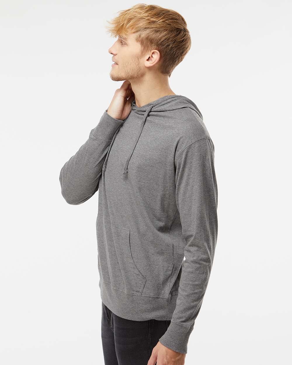 Unisex Lightweight Hooded Pullover T-Shirt - OnModelSide - B01976352 - Gunmetal Heather