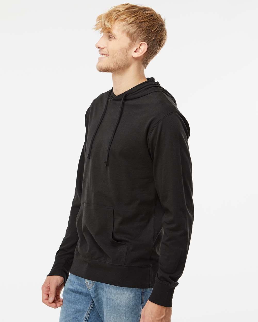 Unisex Lightweight Hooded Pullover T-Shirt - OnModelSide - B01976502 - Black