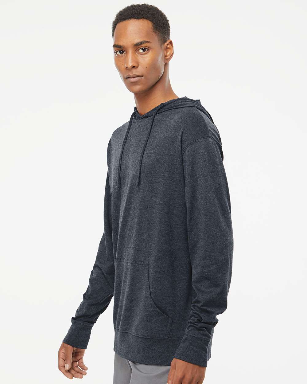 Unisex Lightweight Hooded Pullover T-Shirt - OnModelSide - B01976652 - Classic Navy Heather