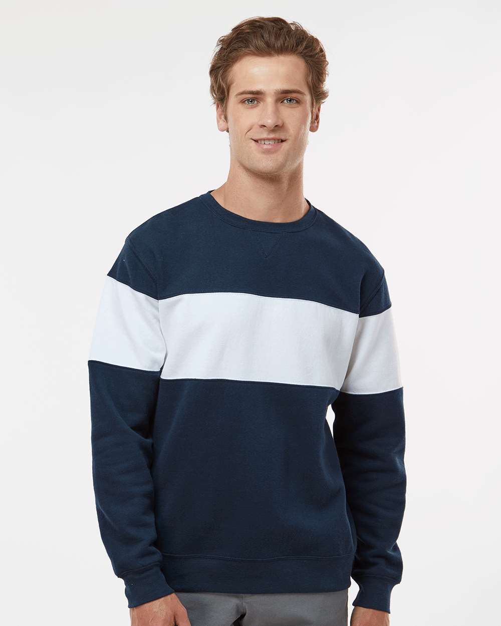 Unisex Varsity Fleece Crewneck Sweatshirt - OnModelFront - B12228652 - Navy