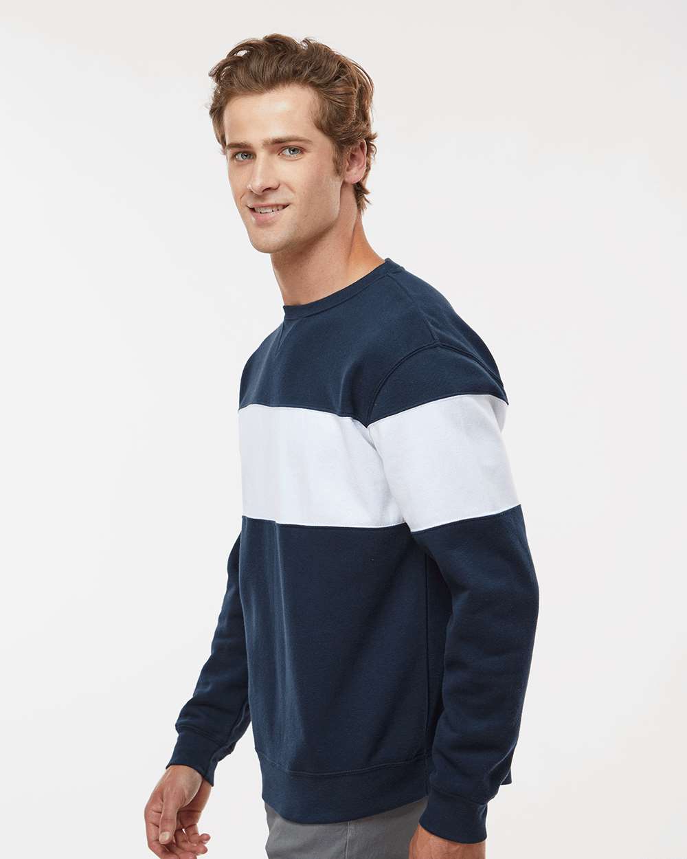 Unisex Varsity Fleece Crewneck Sweatshirt - OnModelSide - B12228652 - Navy