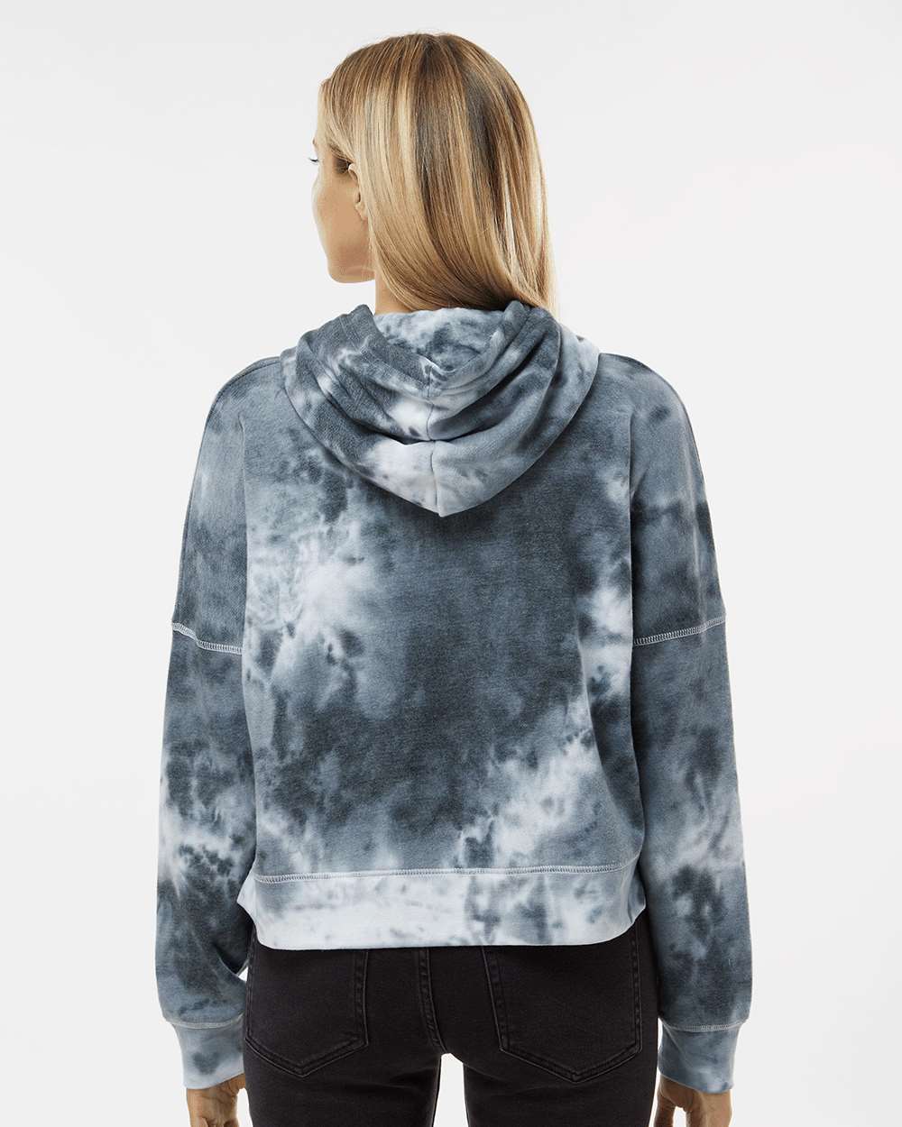 Women's Crop Hooded Sweatshirt - OnModelBack - B12428103 - Black Tie Dye