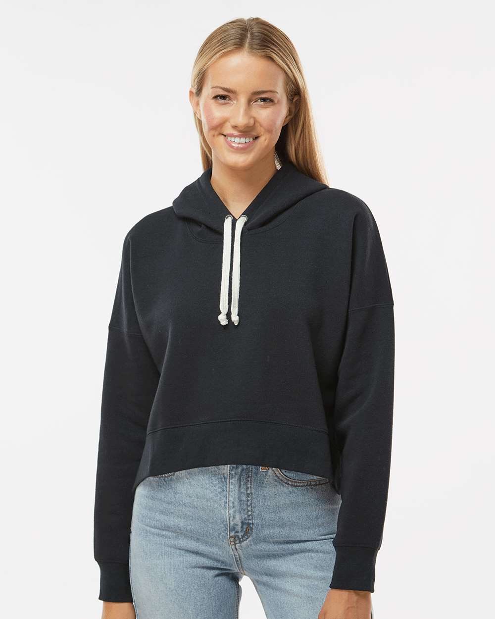 Women's Crop Hooded Sweatshirt - OnModelFront - B12428503 - Black Solid