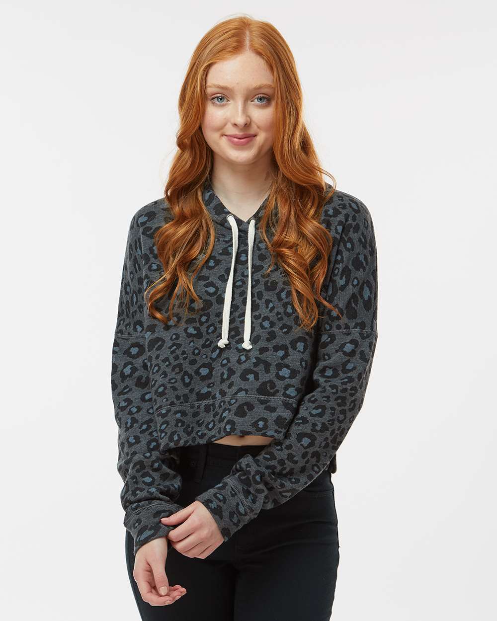 Women's Crop Hooded Sweatshirt - OnModelFront - B12428513 - Black Leopard Triblend