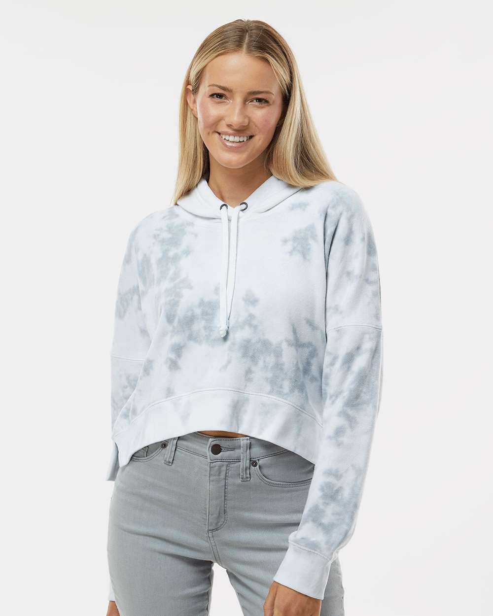 Women's Crop Hooded Sweatshirt - OnModelFront - B12428583 - Grey Tie Dye