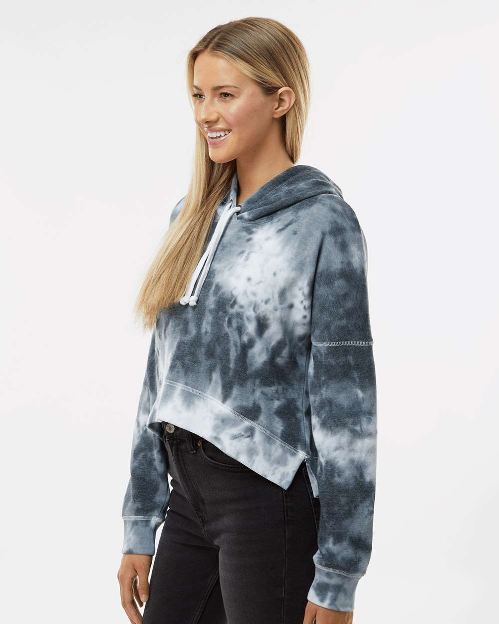 Women's Crop Hooded Sweatshirt - OnModelSide - B12428103 - Black Tie Dye