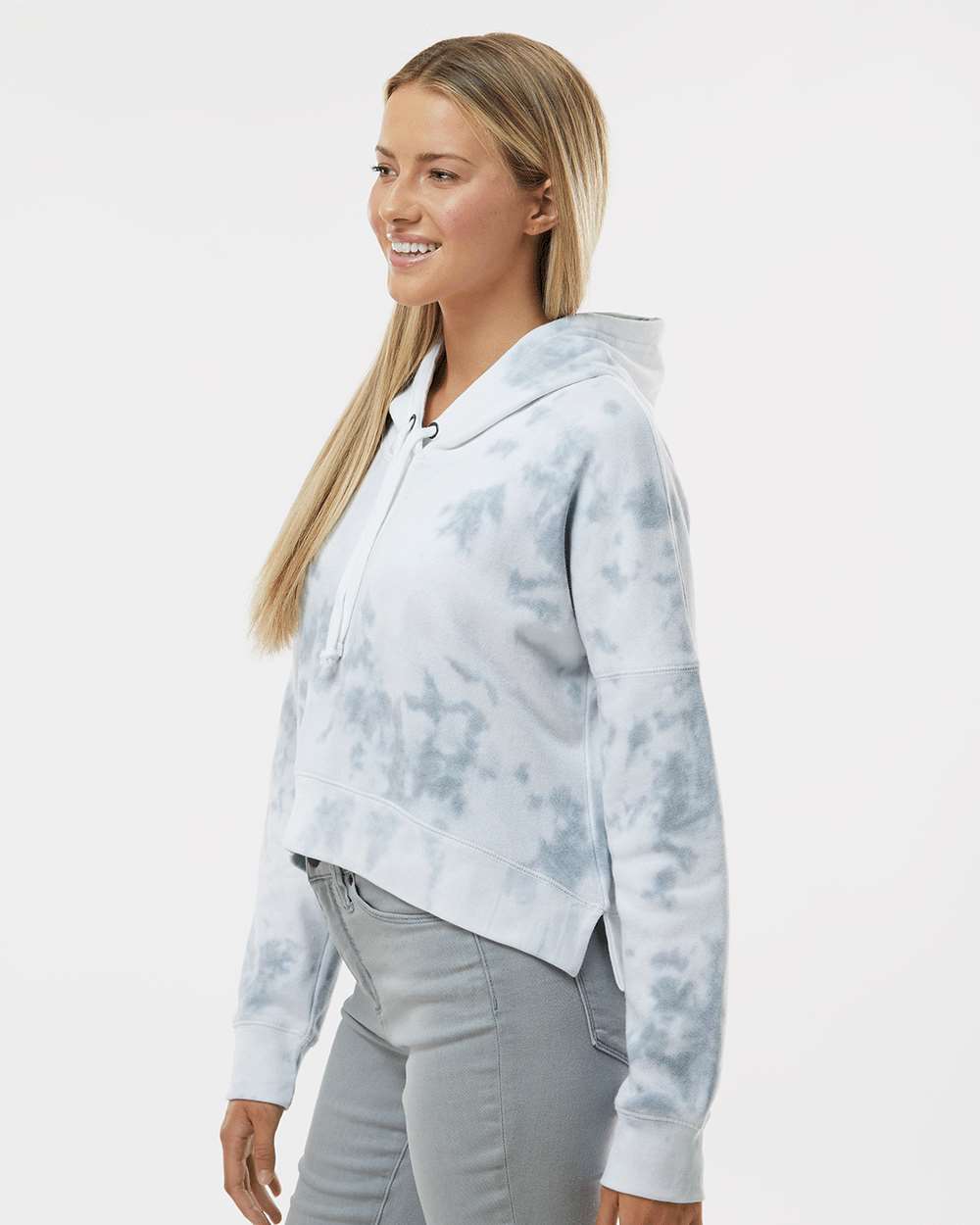 Women's Crop Hooded Sweatshirt - OnModelSide - B12428583 - Grey Tie Dye