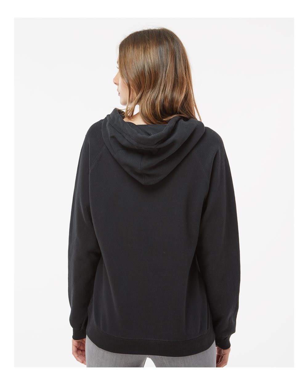 Women's Sueded V-Neck Hooded Sweatshirt - OnModelBack - B20728503 - Black
