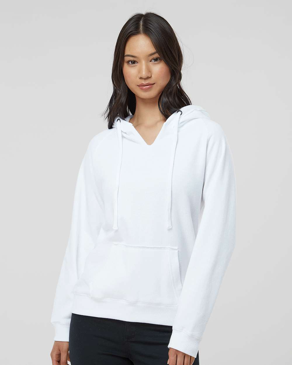 Women's Sueded V-Neck Hooded Sweatshirt - OnModelFront - B20728003 - White