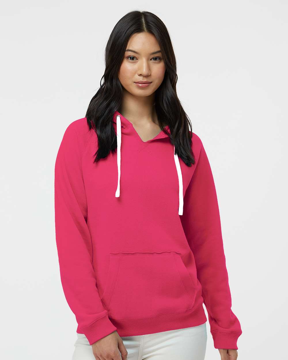 Women's Sueded V-Neck Hooded Sweatshirt - OnModelFront - B20728033 - Wildberry