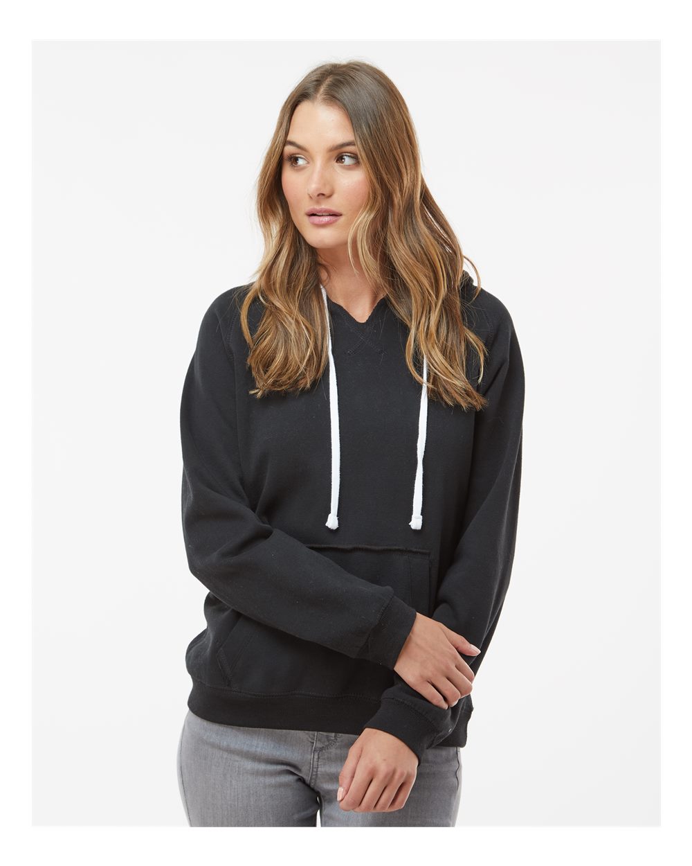 Women's Sueded V-Neck Hooded Sweatshirt - OnModelFront - B20728503 - Black