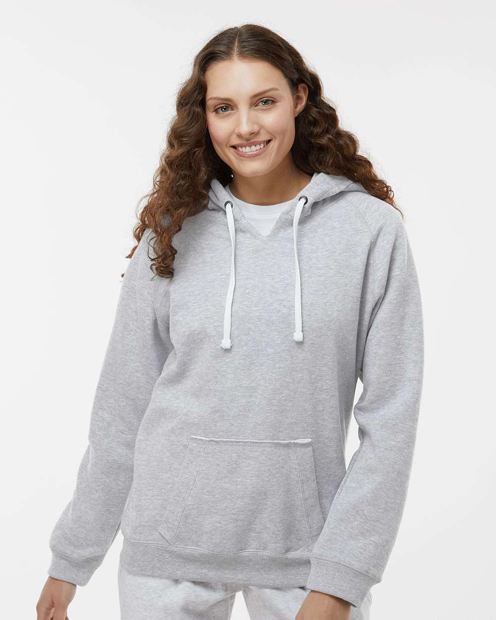 Women's Sueded V-Neck Hooded Sweatshirt - OnModelFront - B20728583 - Oxford