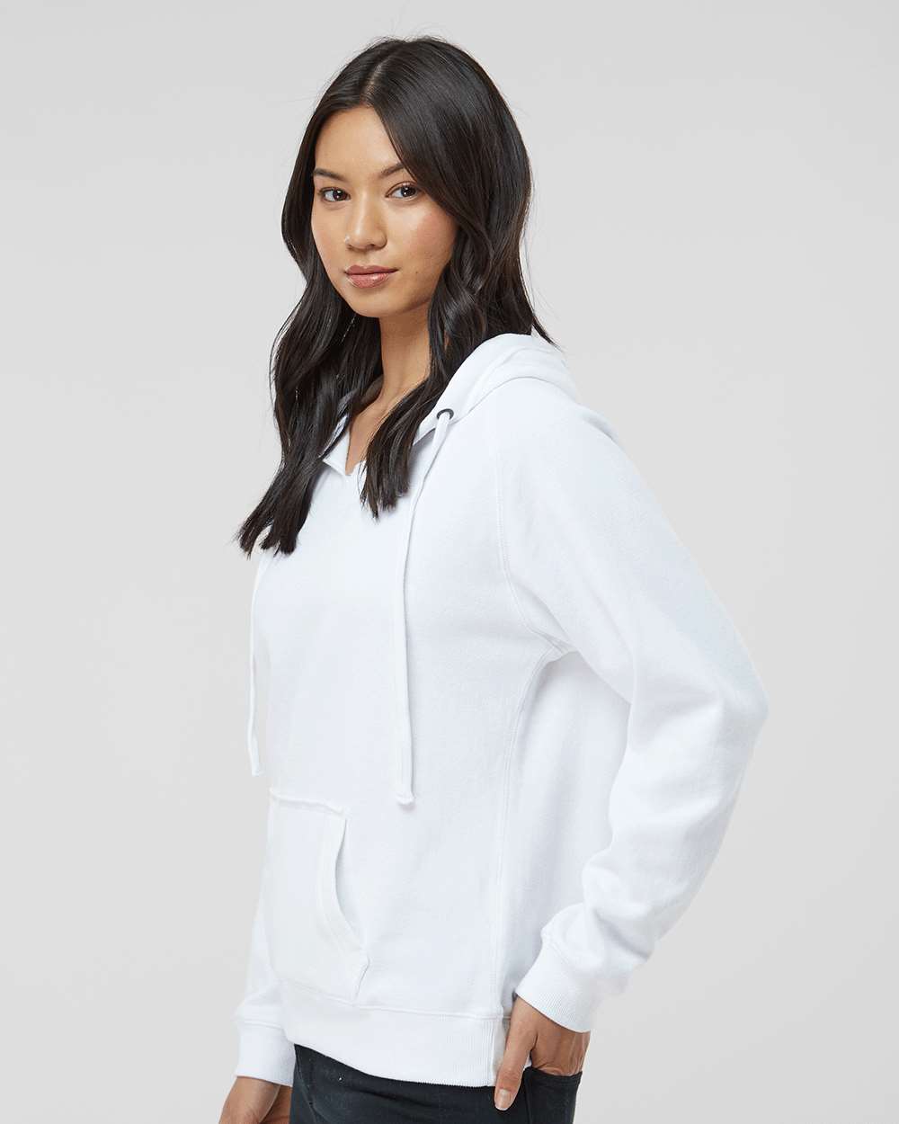 Women's Sueded V-Neck Hooded Sweatshirt - OnModelSide - B20728003 - White