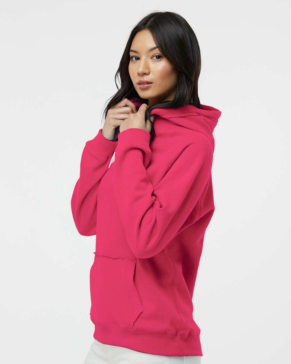 Women's Sueded V-Neck Hooded Sweatshirt - OnModelSide - B20728033 - Wildberry