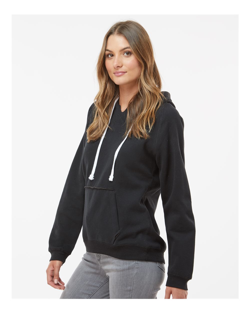 Women's Sueded V-Neck Hooded Sweatshirt - OnModelSide - B20728503 - Black
