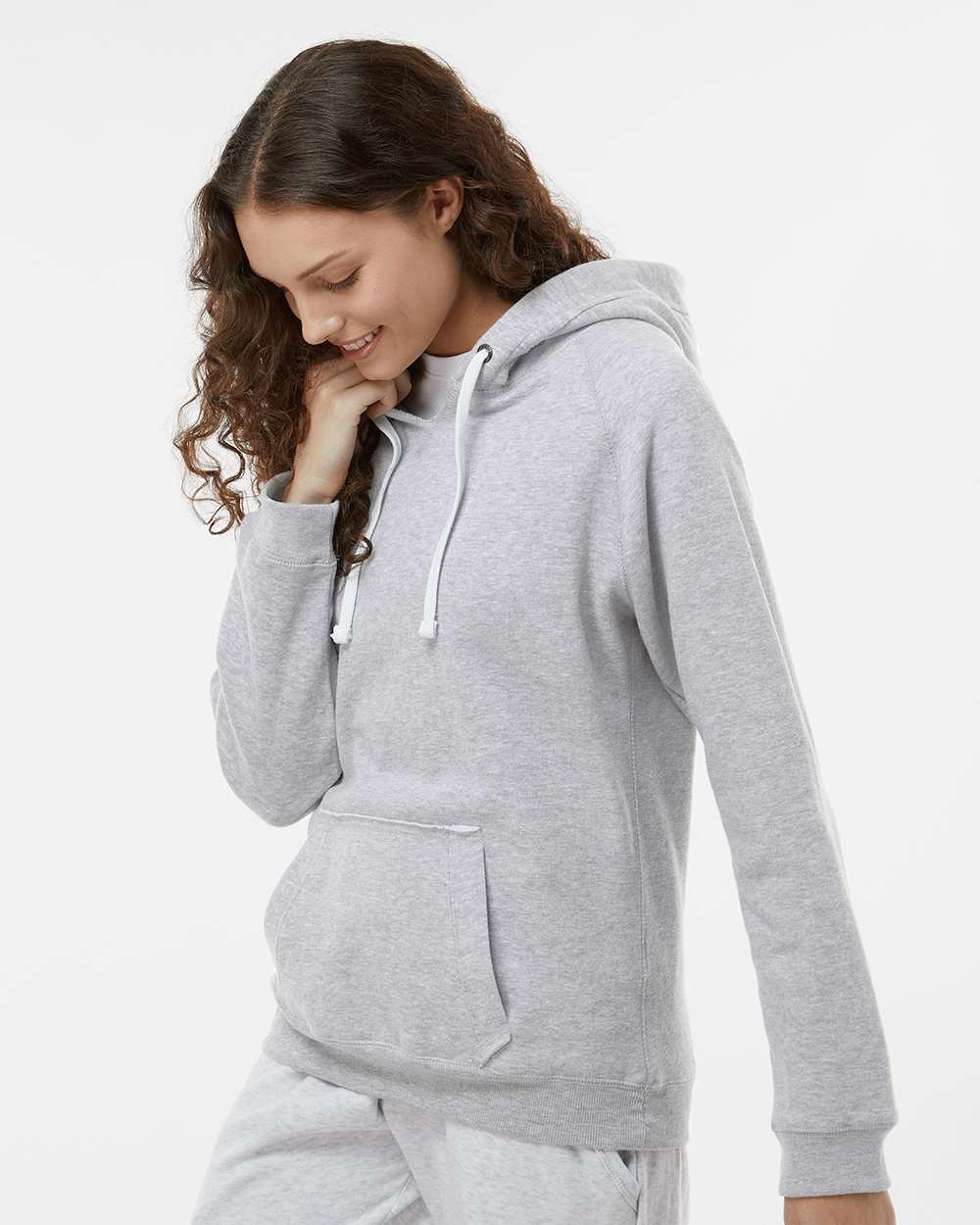 Women's Sueded V-Neck Hooded Sweatshirt - OnModelSide - B20728583 - Oxford