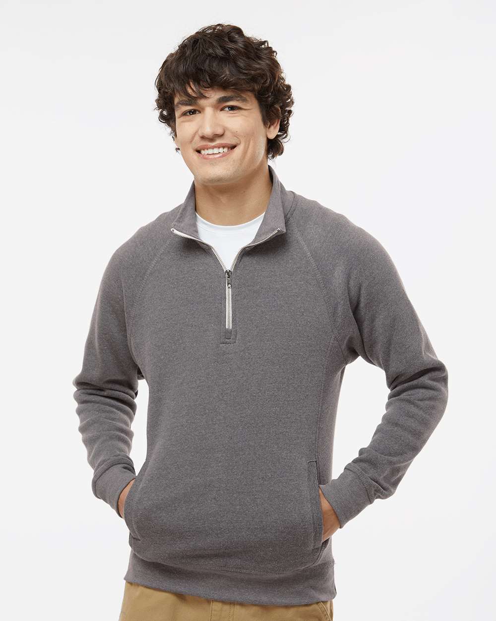 Men's Triblend Quarter-Zip Sweatshirt - OnModelFront - B33028518 - Smoke Triblend