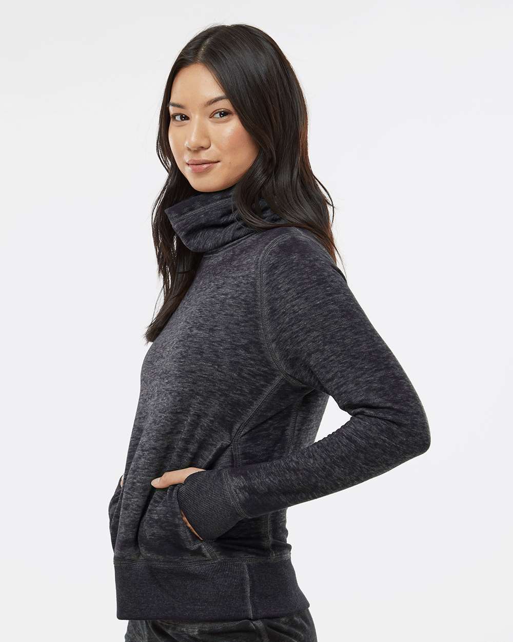 Women’s Zen Fleece Cowl Neck Sweatshirt - OnModelSide - B33128503 - Twisted Black