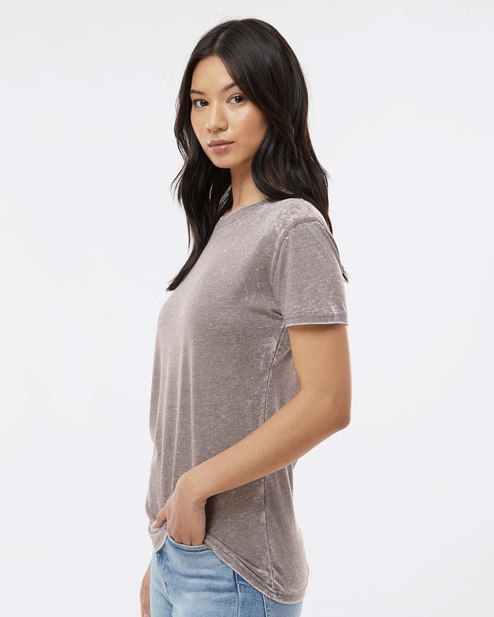 Women’s Zen Jersey T-Shirt - OnModelSide - B10828093 - Cement