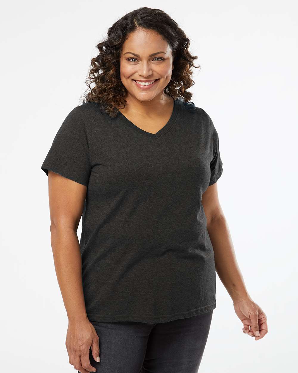 Women's Curvy Collection Fine Jersey V-Neck Tee - OnModelFront - B05038102 - Vintage Smoke