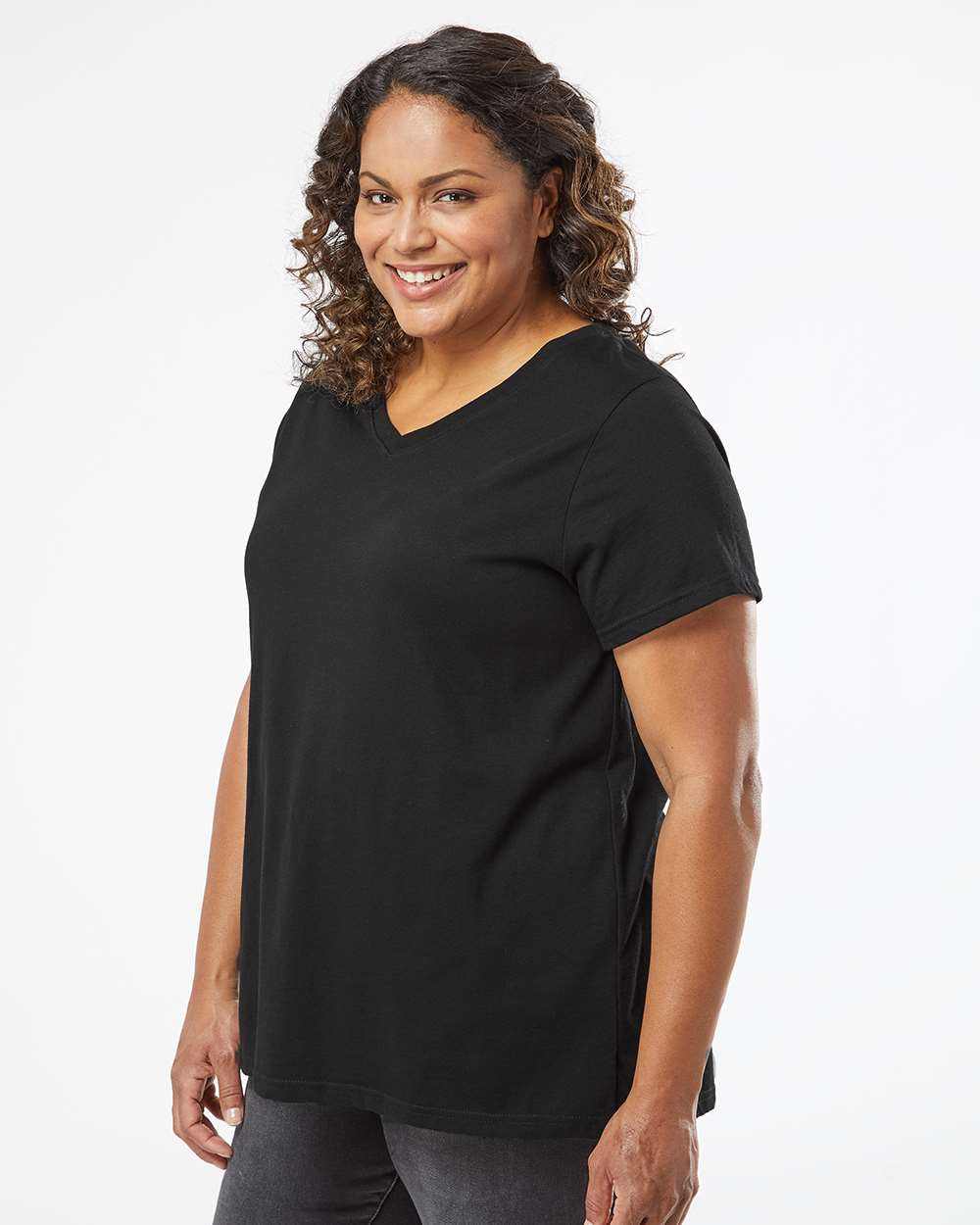 Women's Curvy Collection Fine Jersey V-Neck Tee - OnModelSide - B05038502 - Blended Black