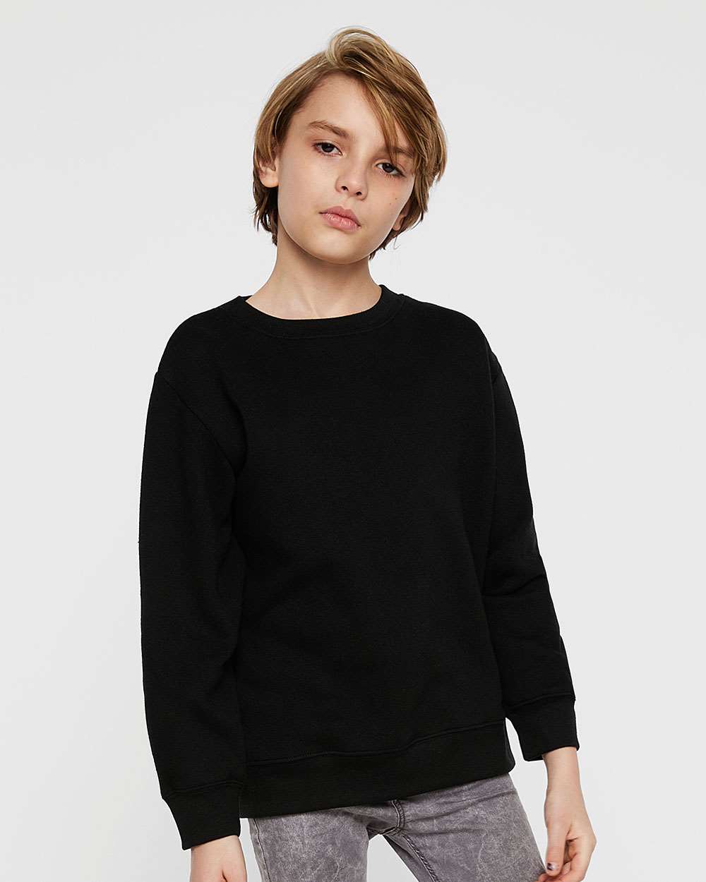 Youth Elevated Fleece Crewneck Sweatshirt - OnModelFront - B06638502 - Black