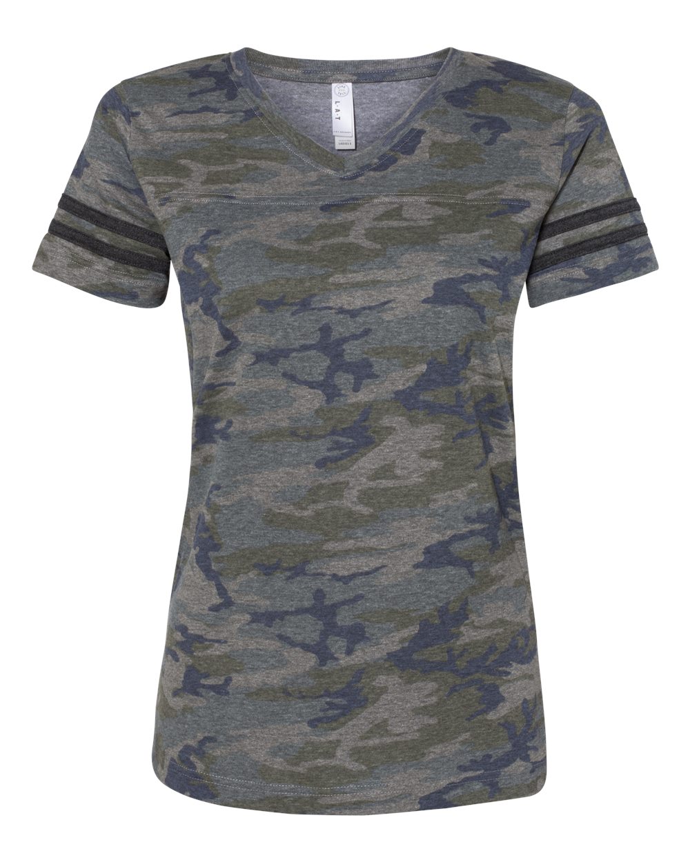 Women's Football V-Neck Fine Jersey Tee - Front - B54738983 - Vintage Camo/ Vintage Smoke