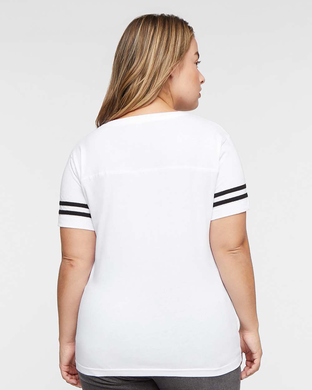 Women's Football V-Neck Fine Jersey Tee - OnModelBack - B54738003 - White Solid/ Black
