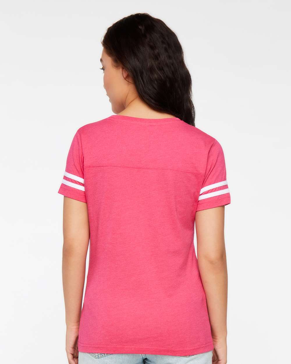 Women's Football V-Neck Fine Jersey Tee - OnModelBack - B54738313 - Vintage Hot Pink/ White