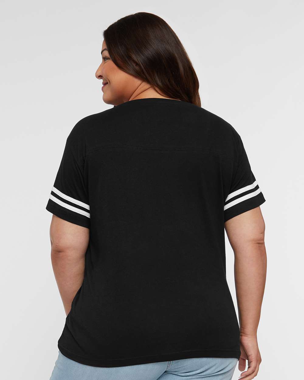 Women's Football V-Neck Fine Jersey Tee - OnModelBack - B54738503 - Black Solid/ White