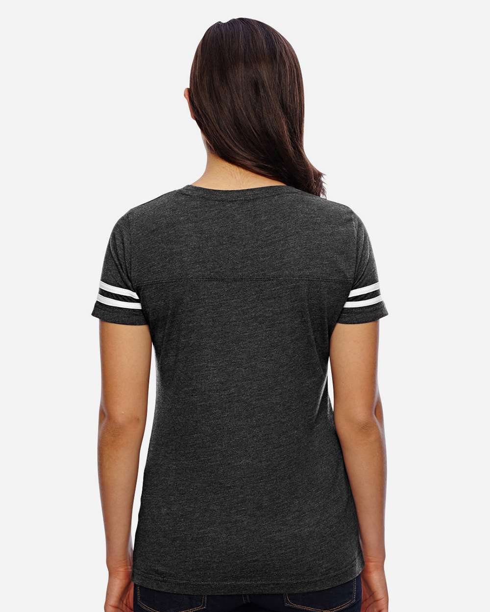 Women's Football V-Neck Fine Jersey Tee - OnModelBack - B54738513 - Vintage Smoke/ White