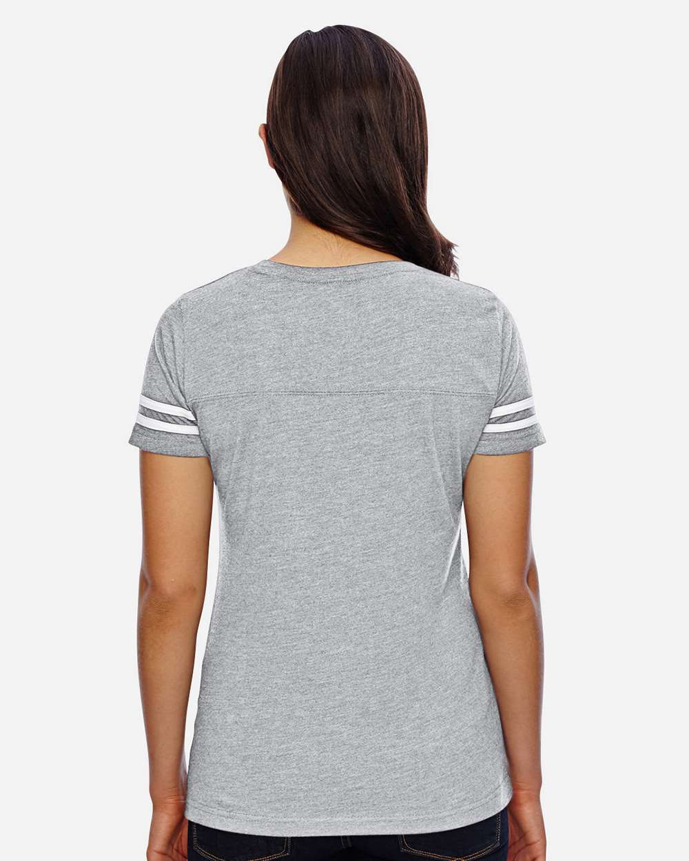 Women's Football V-Neck Fine Jersey Tee - OnModelBack - B54738583 - Vintage Heather/ White