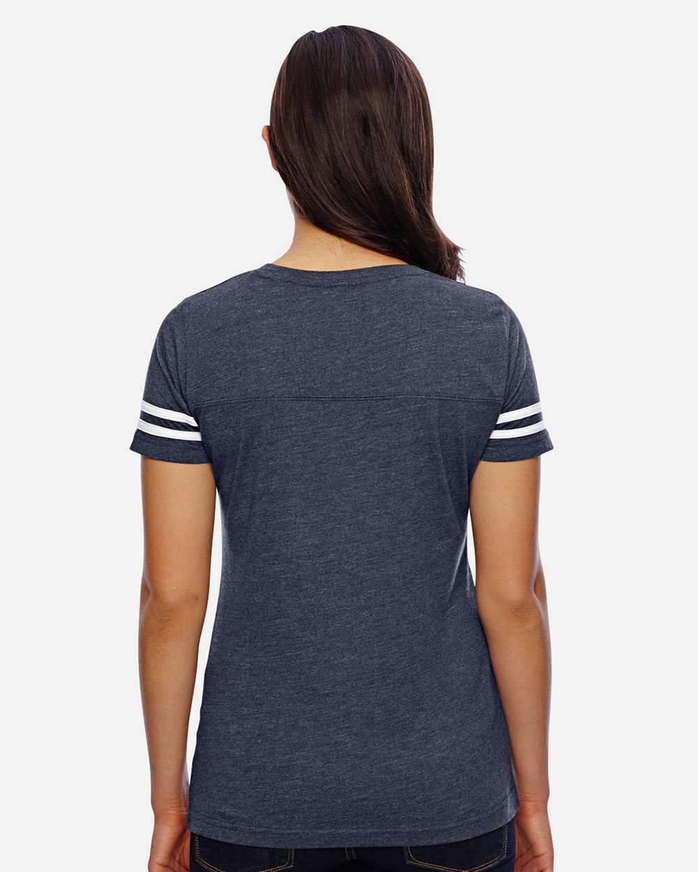 Women's Football V-Neck Fine Jersey Tee - OnModelBack - B54738653 - Vintage Navy/ White