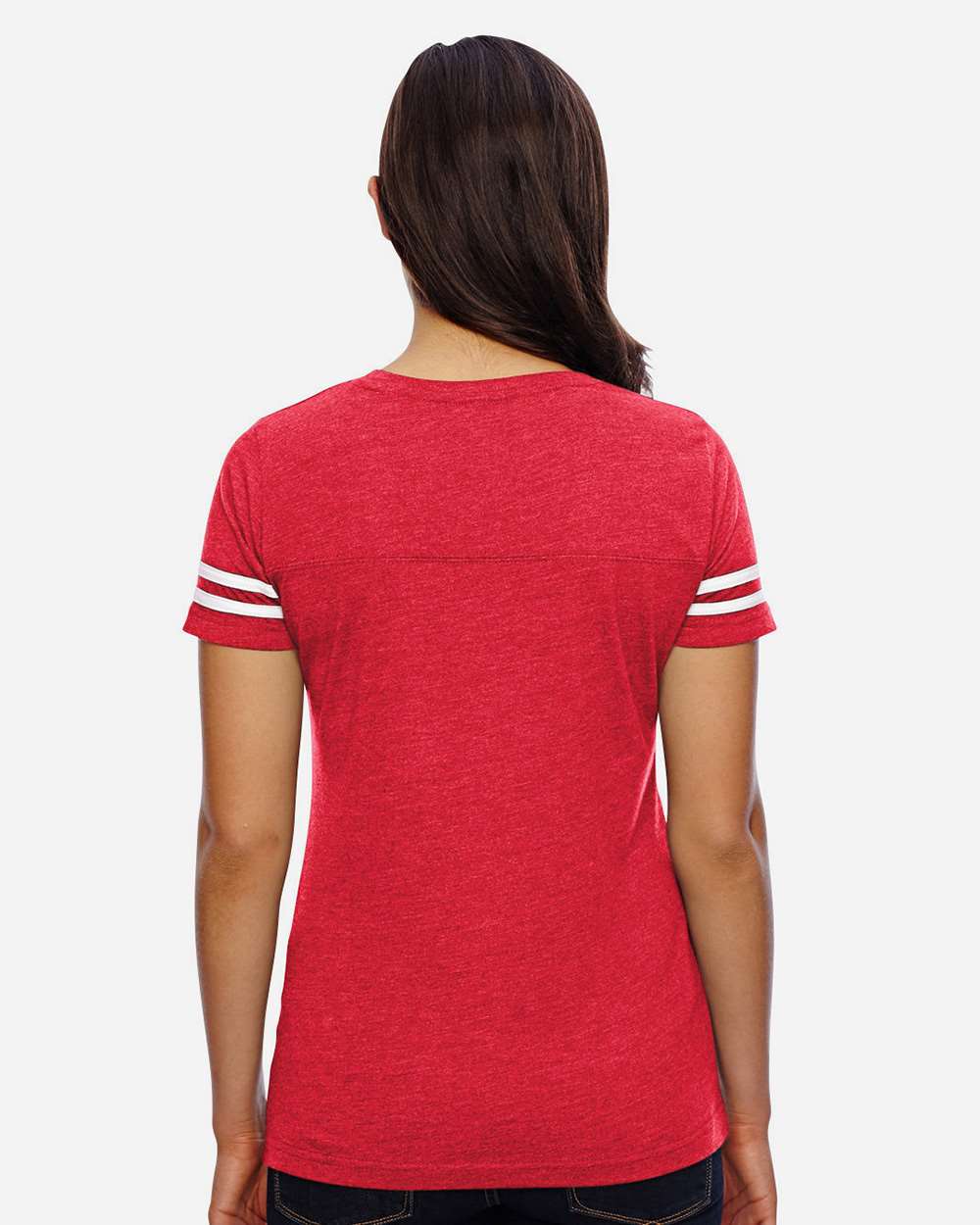 Women's Football V-Neck Fine Jersey Tee - OnModelBack - B54738703 - Vintage Red/ White
