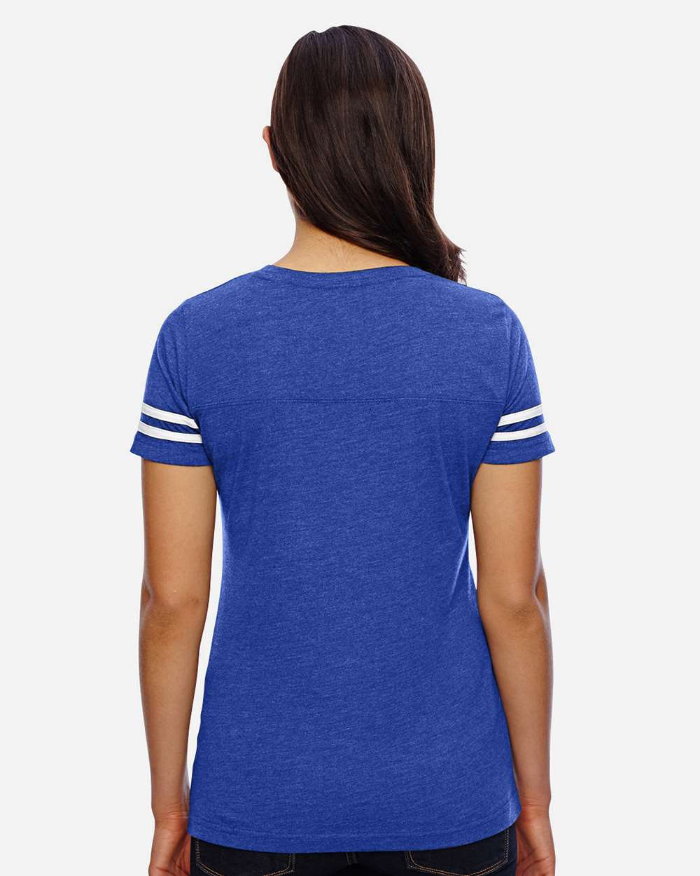 Women's Football V-Neck Fine Jersey Tee - OnModelBack - B54738753 - Vintage Royal/ White